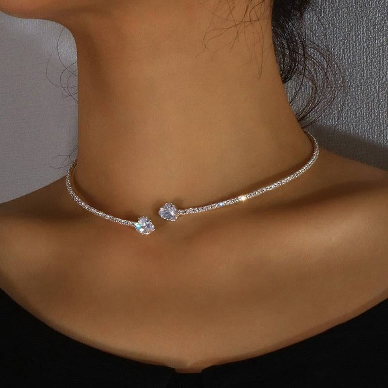 Rhinestone Heart Choker Necklace – Elegante Silberne Halskette für Damen