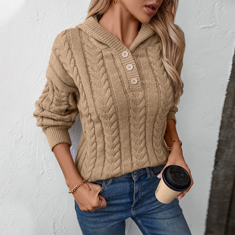 Damen Kapuzenpullover mit Knopf – Klassischer Kabelstrick Pullover