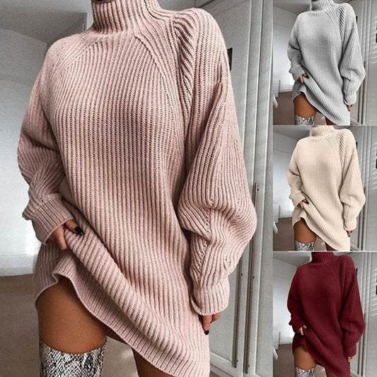 Einfarbiger Rollkragen-Langpullover – Warmer Winter-Strickkleid für Damen