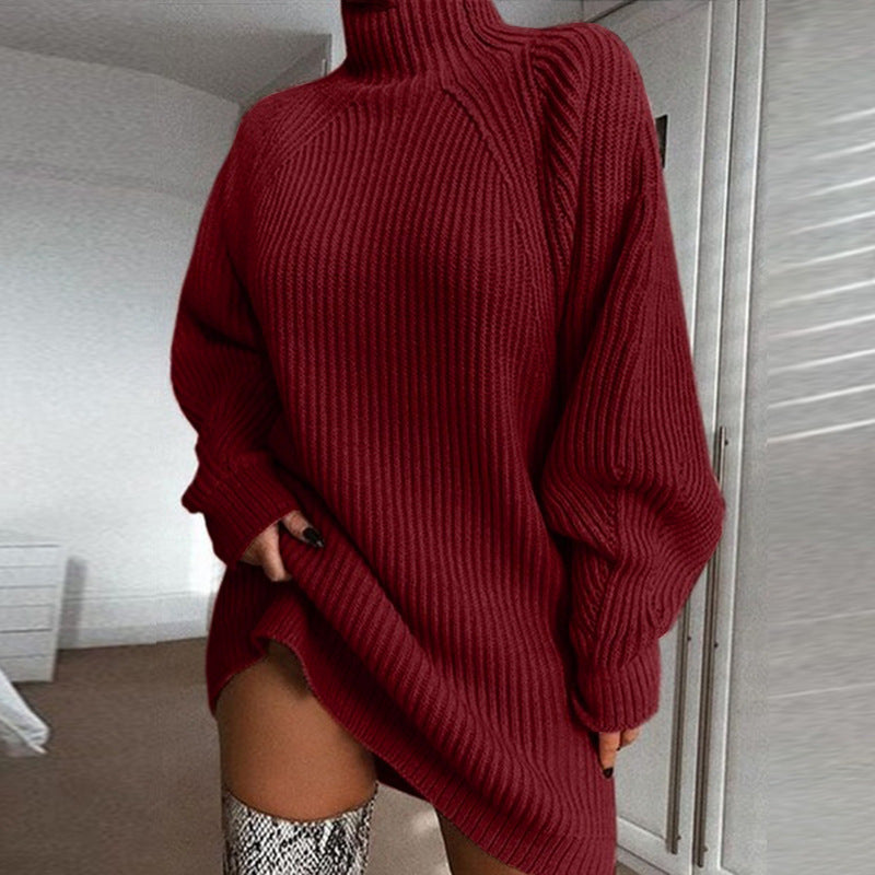 Einfarbiger Rollkragen-Langpullover – Warmer Winter-Strickkleid für Damen