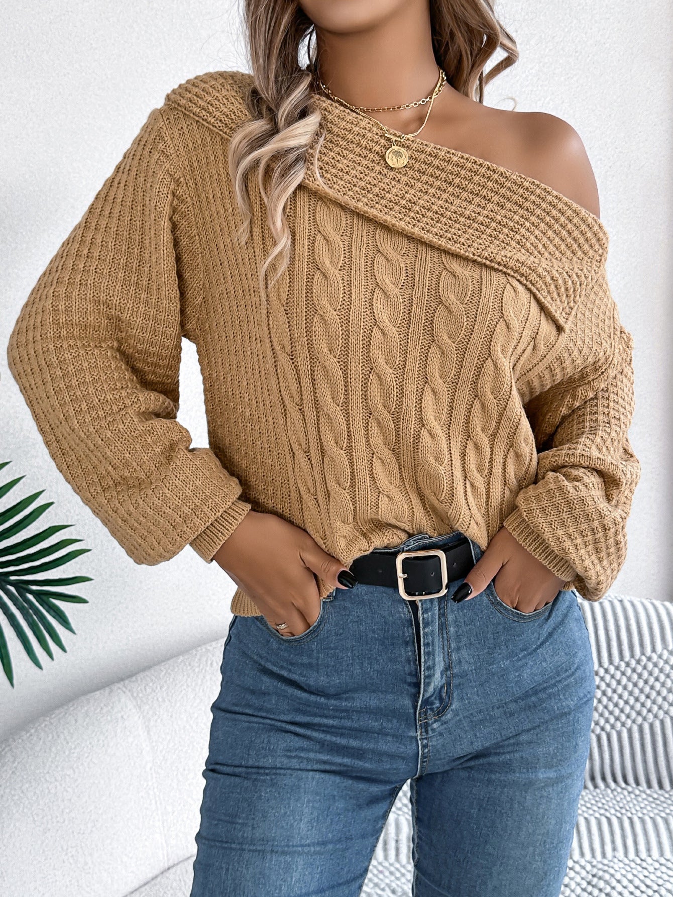 Lapel Off-the-Shoulder Twist Pullover mit langen Ärmeln