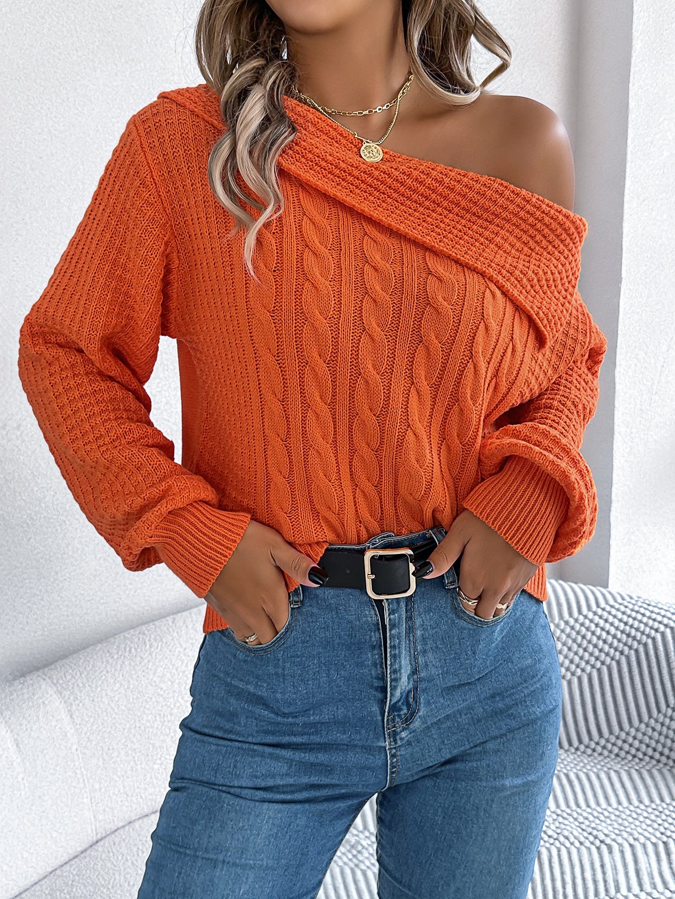 Lapel Off-the-Shoulder Twist Pullover mit langen Ärmeln