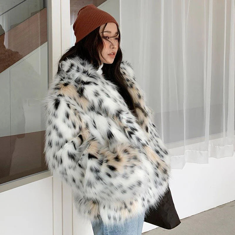 Kurze Leopard Faux Pelzmantel