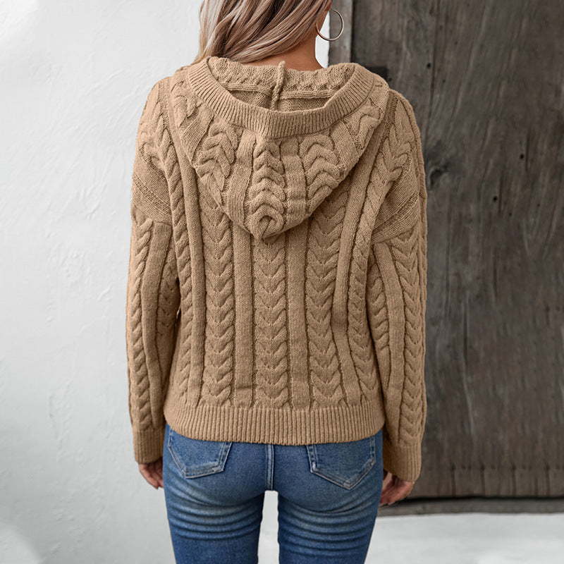 Damen Kapuzenpullover mit Knopf – Klassischer Kabelstrick Pullover