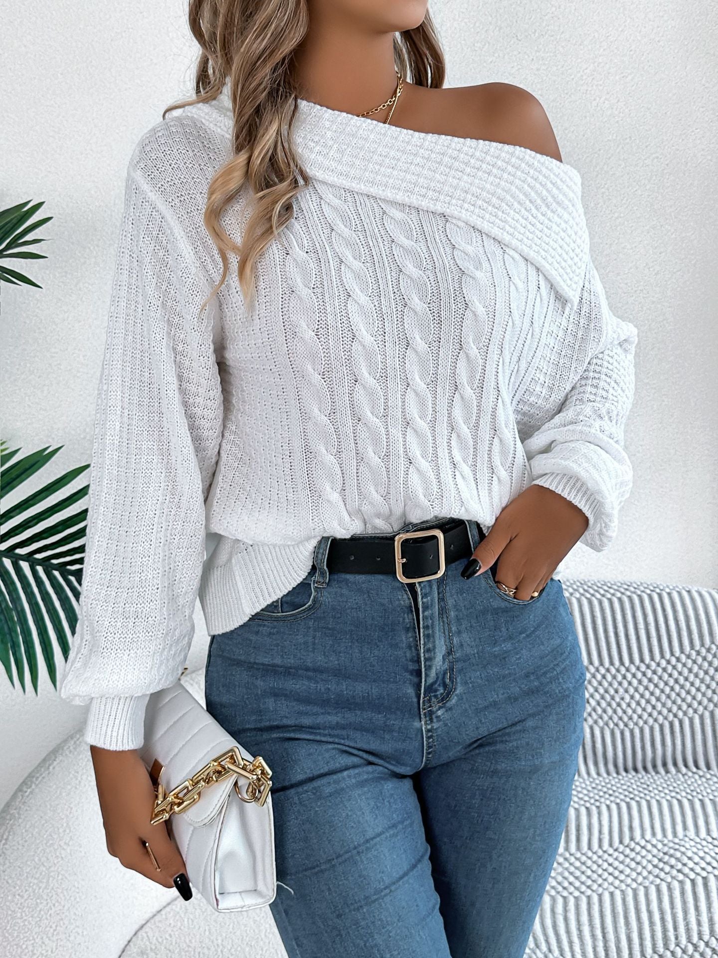 Lapel Off-the-Shoulder Twist Pullover mit langen Ärmeln