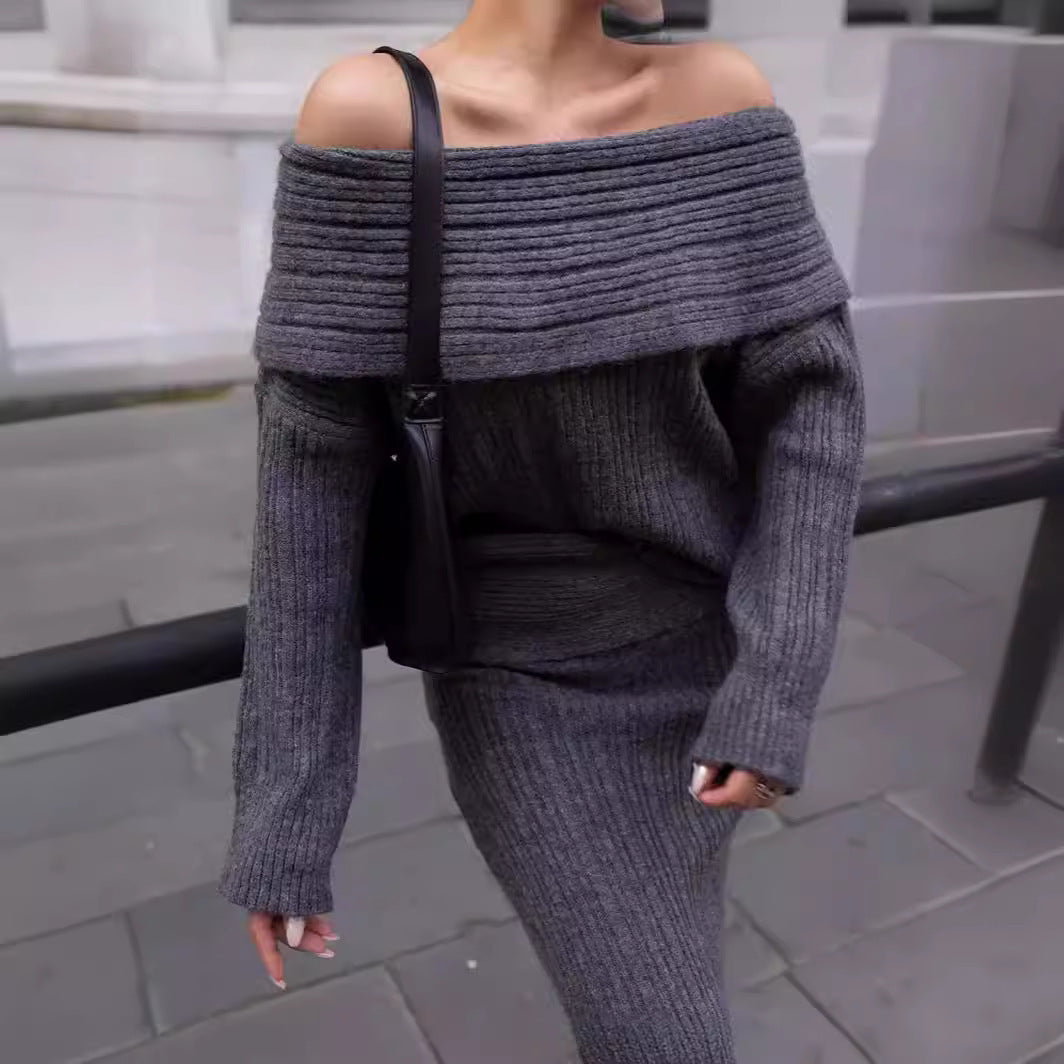 Eleganter Zweiteiler: Off-Shoulder Strickpullover im Slim Fit mit Lockeren Ärmeln