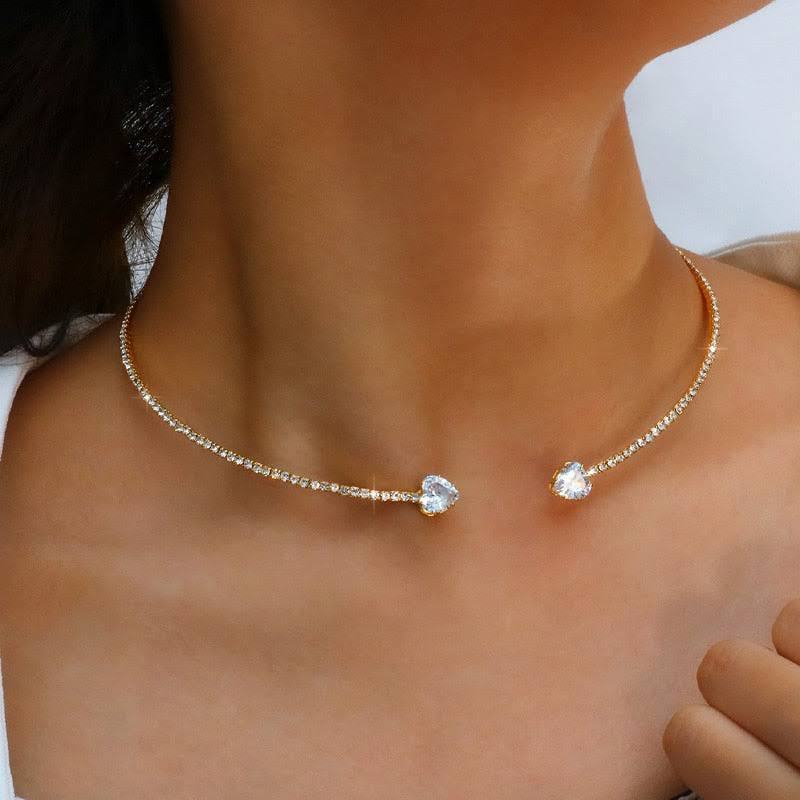 Rhinestone Heart Choker Necklace – Elegante Silberne Halskette für Damen